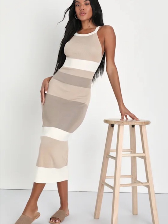 Lulus Dresses & Skirts - Lulu’s Chic Obsession Beige Striped Tie-Back Sleeveless Sweater Dress